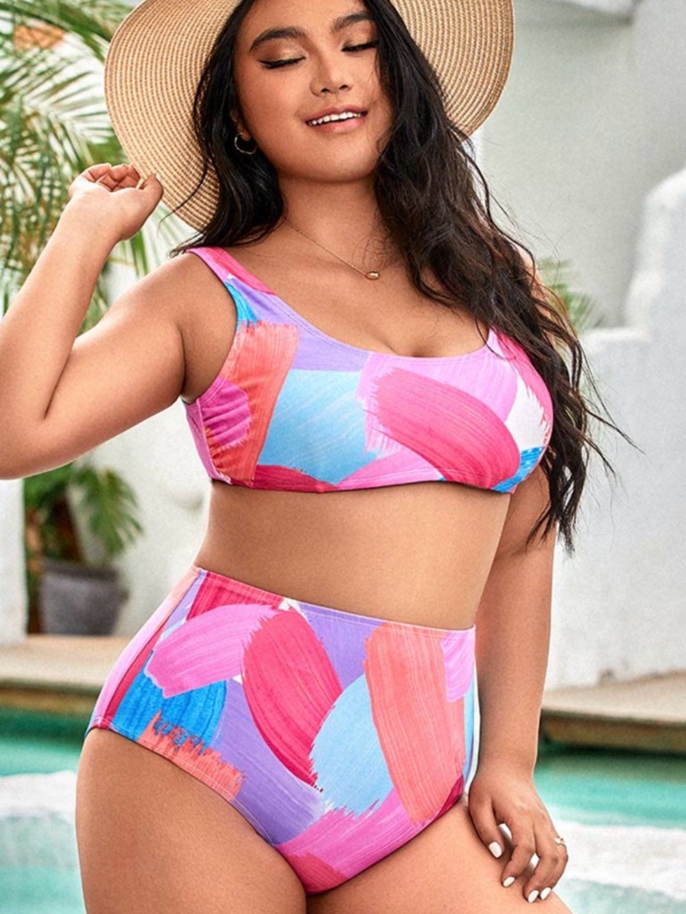 Cupshe Vapor Wave Bralette Leaf Print Tummy Control Plus Size Bikini
